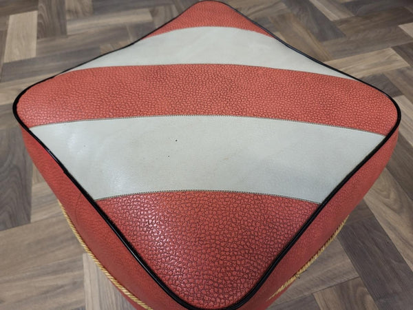 Vintage Mid-Century Red & Grey Stripe Vinyl Pouffe Footstool Retro 60's MCM