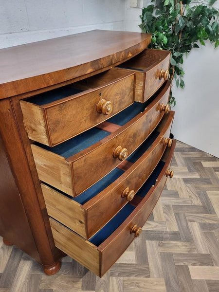 Beautiful Antique Victorian Large Mahogany & Walnut Chest Of Drawers Bow Fronted