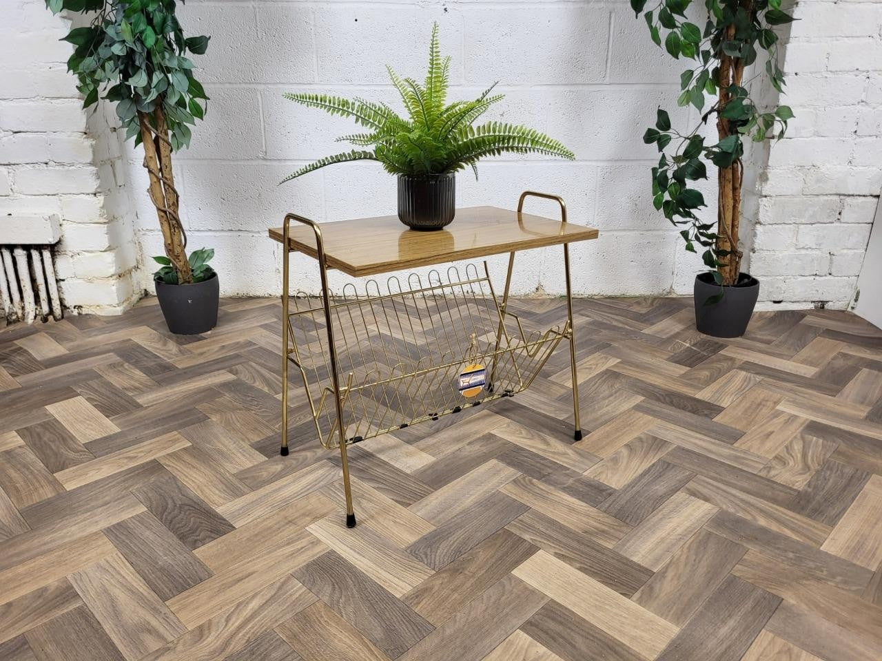 Vintage Mid-Century Teak & Metal Coffee Table Magazine Rack Side Table 60's MCM