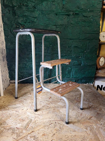 Vintage Mid-Century Folding Step Stool Chrome & Black Vinyl Industrial