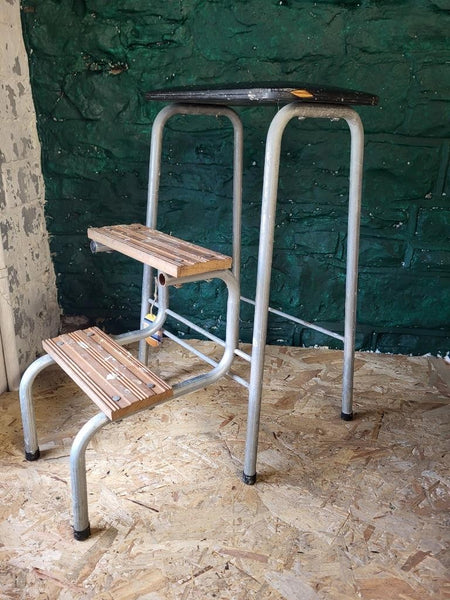 Vintage Mid-Century Folding Step Stool Chrome & Black Vinyl Industrial