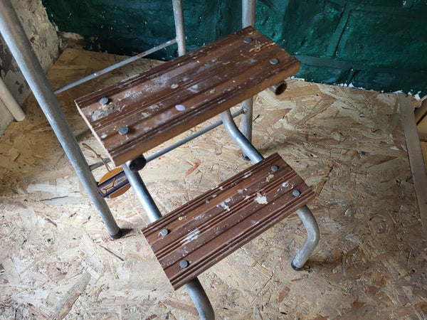 Vintage Mid-Century Folding Step Stool Chrome & Black Vinyl Industrial