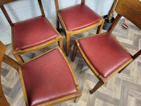 Set Of 4 Vintage G Plan Brandon Dining Chairs Oak & Red Vinyl Mid-Century 50's
