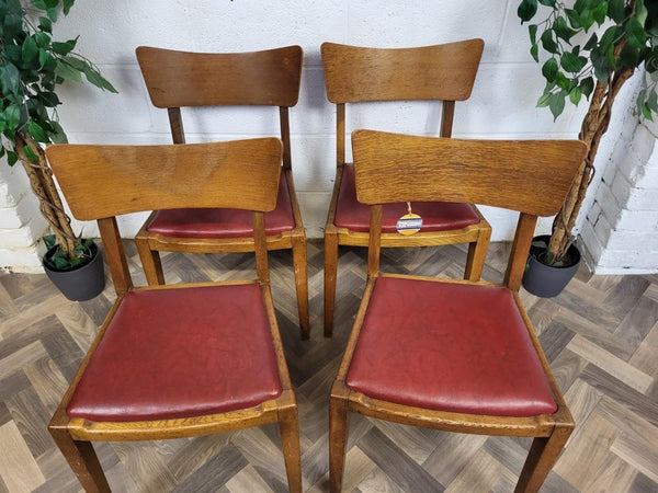 Set Of 4 Vintage G Plan Brandon Dining Chairs Oak & Red Vinyl Mid-Century 50's