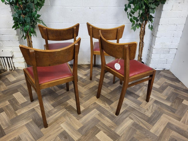Set Of 4 Vintage G Plan Brandon Dining Chairs Oak & Red Vinyl Mid-Century 50's