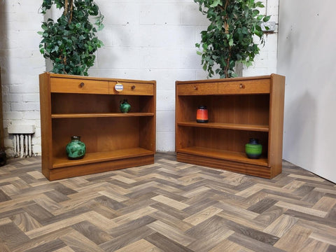 Pair Vintage Nathan Squares Parker Knoll Teak Slim Bookcase Cabinet Mid-Century