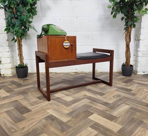 Vintage Mid-Century Teak & Black Vinyl Telephone Seat Table Danish Scandi MCM