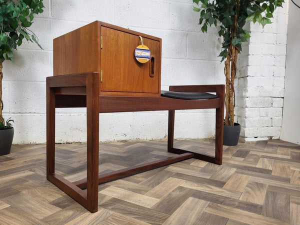 Vintage Mid-Century Teak & Black Vinyl Telephone Seat Table Danish Scandi MCM