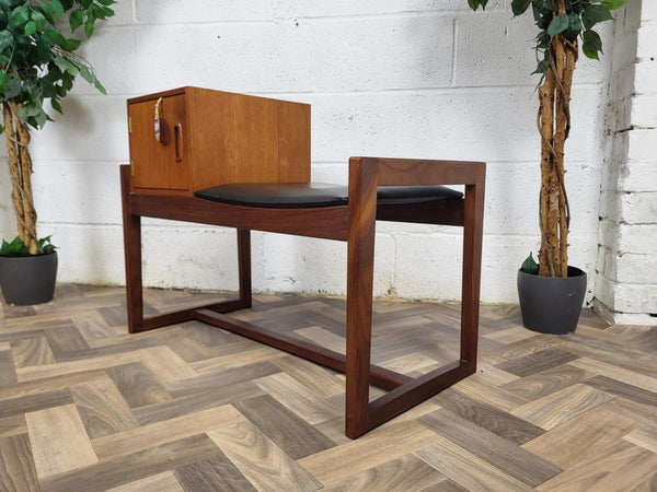Vintage Mid-Century Teak & Black Vinyl Telephone Seat Table Danish Scandi MCM