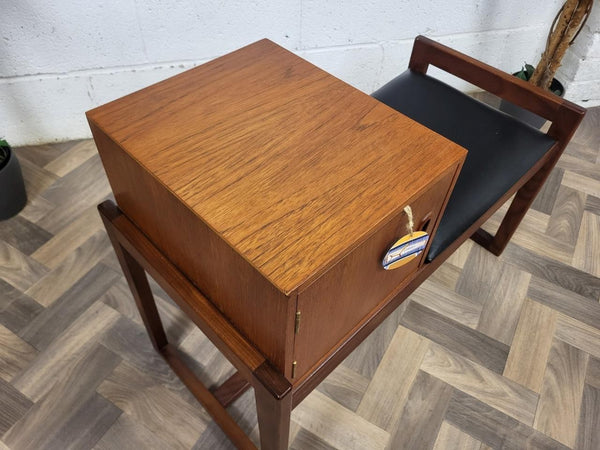 Vintage Mid-Century Teak & Black Vinyl Telephone Seat Table Danish Scandi MCM