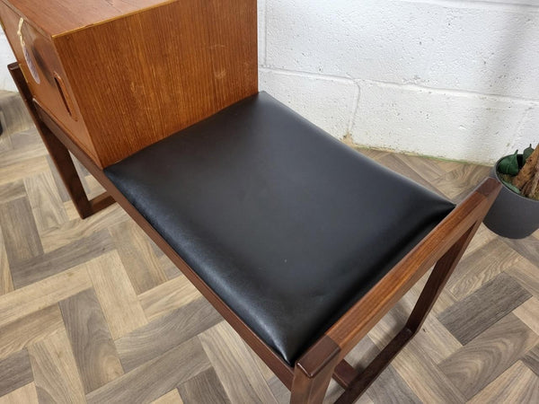 Vintage Mid-Century Teak & Black Vinyl Telephone Seat Table Danish Scandi MCM