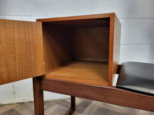 Vintage Mid-Century Teak & Black Vinyl Telephone Seat Table Danish Scandi MCM