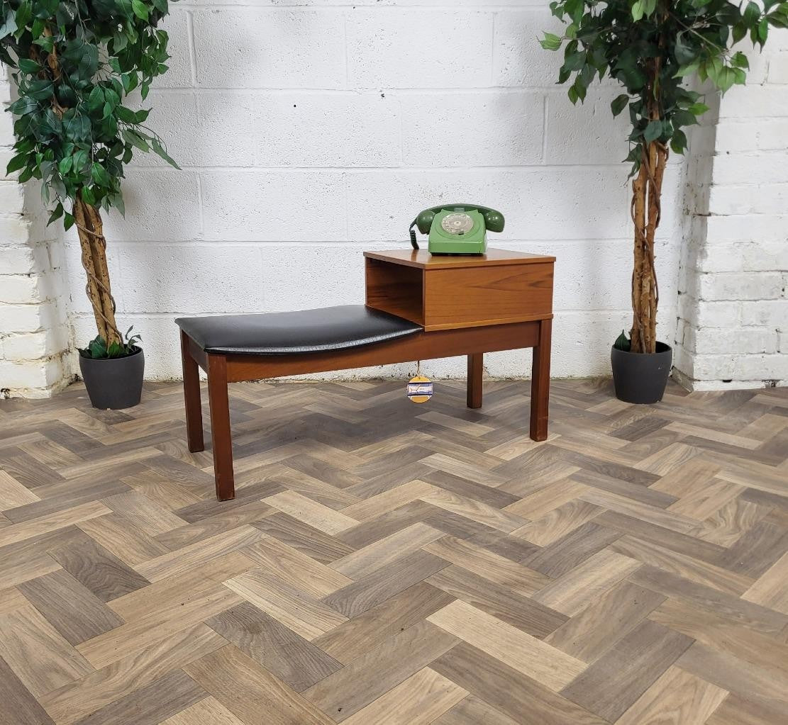 Vintage Mid-Century Chippy Teak & Black Vinyl Telephone Seat Table Retro MCM