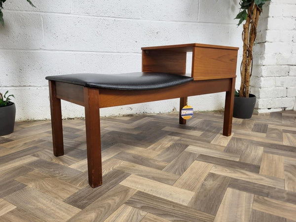 Vintage Mid-Century Chippy Teak & Black Vinyl Telephone Seat Table Retro MCM