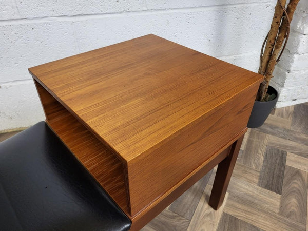 Vintage Mid-Century Chippy Teak & Black Vinyl Telephone Seat Table Retro MCM