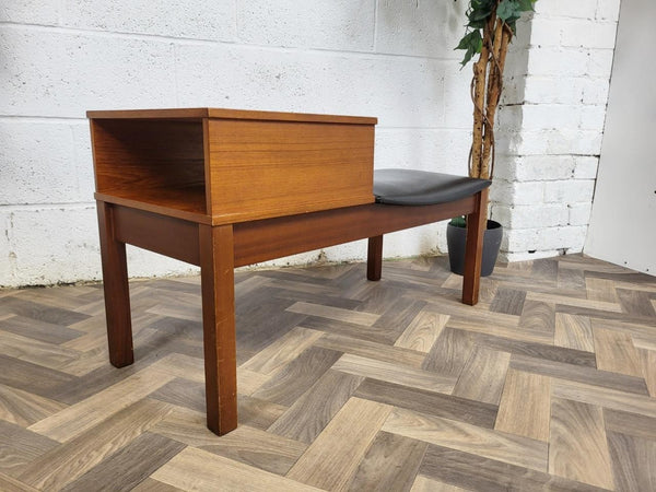 Vintage Mid-Century Chippy Teak & Black Vinyl Telephone Seat Table Retro MCM