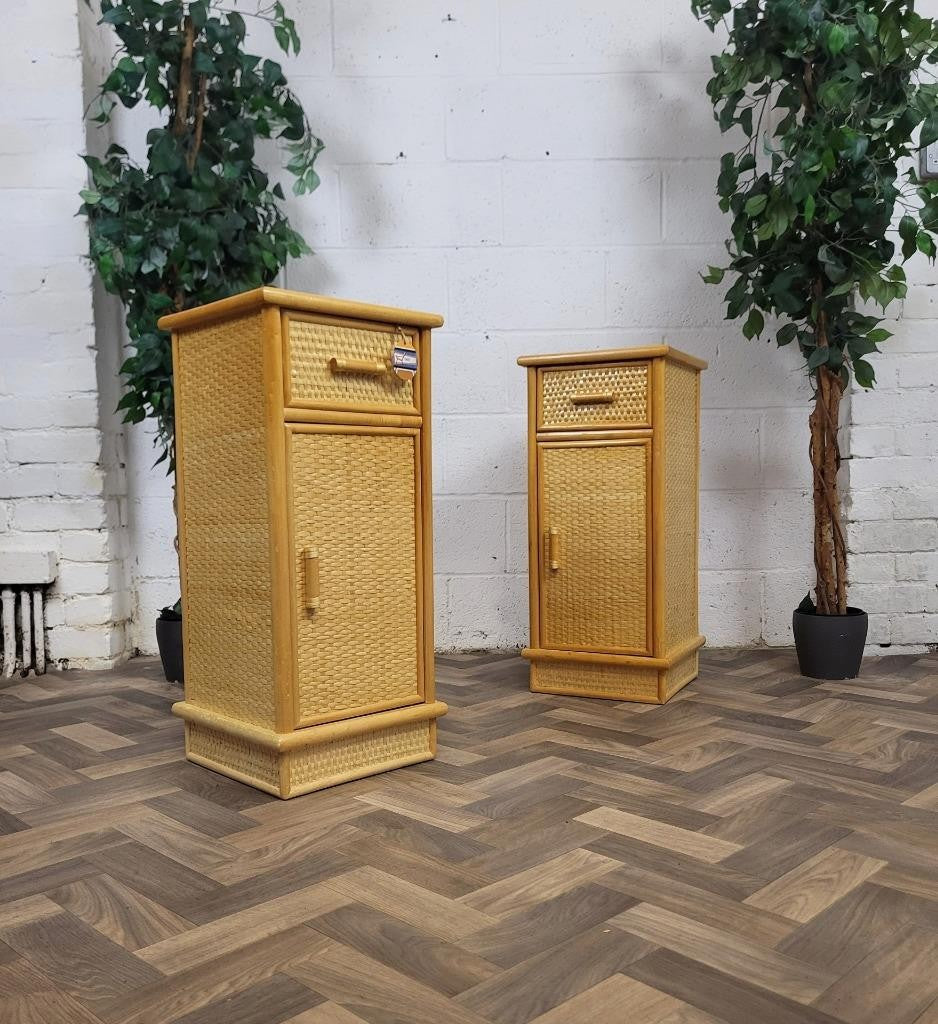 Pair Of Vintage Bamboo & Rattan Bedside Cabinets Retro
