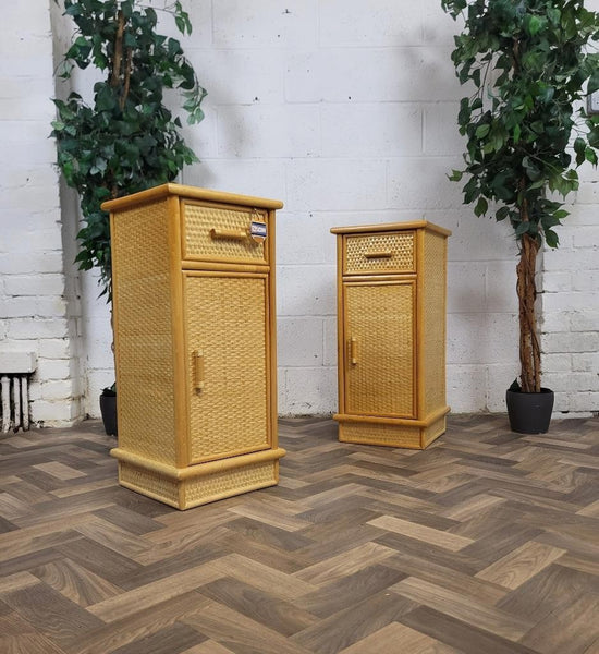 Pair Of Vintage Bamboo & Rattan Bedside Cabinets Retro