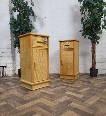 Pair Of Vintage Bamboo & Rattan Bedside Cabinets Retro