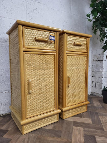 Pair Of Vintage Bamboo & Rattan Bedside Cabinets Retro