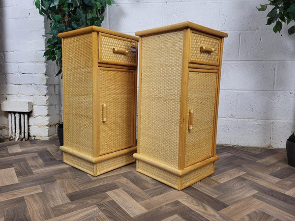 Pair Of Vintage Bamboo & Rattan Bedside Cabinets Retro