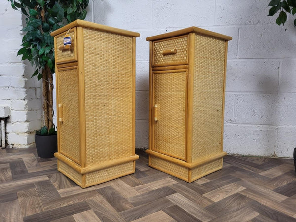 Pair Of Vintage Bamboo & Rattan Bedside Cabinets Retro