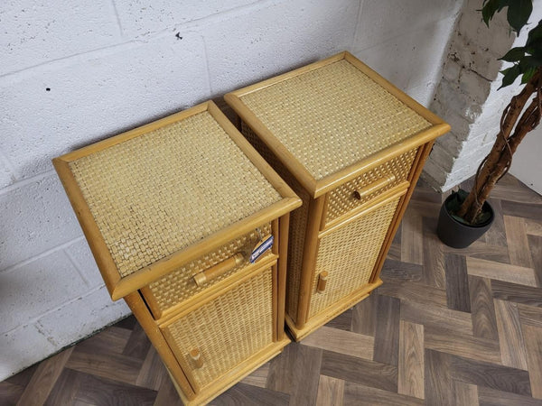 Pair Of Vintage Bamboo & Rattan Bedside Cabinets Retro