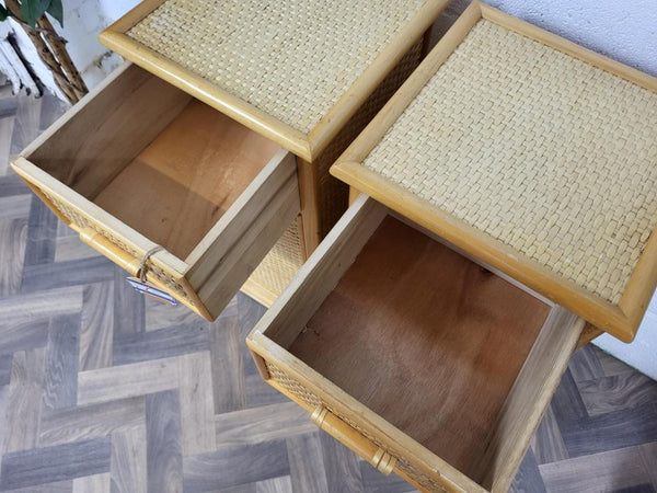 Pair Of Vintage Bamboo & Rattan Bedside Cabinets Retro
