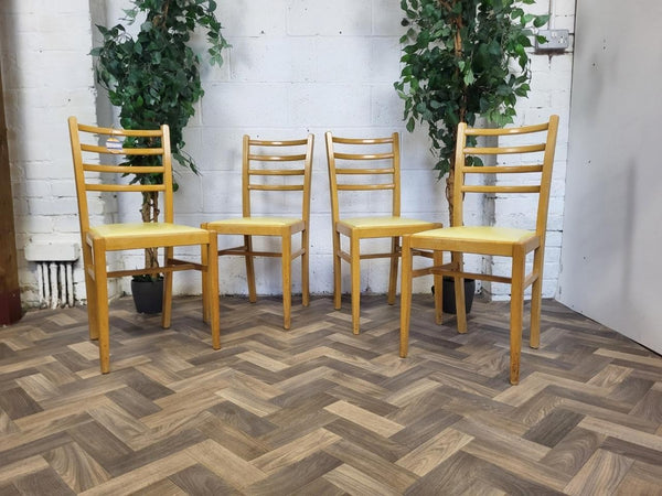 Set Of 4 Vintage Mid-Century Beech & Yellow Vinyl Dining Chairs Scandi Retro MCM