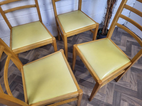 Set Of 4 Vintage Mid-Century Beech & Yellow Vinyl Dining Chairs Scandi Retro MCM