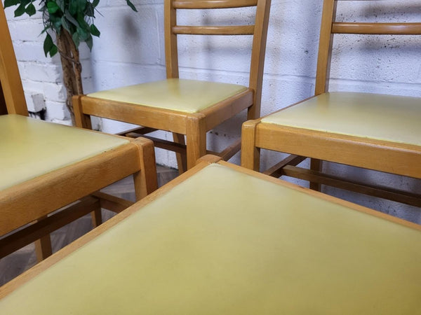 Set Of 4 Vintage Mid-Century Beech & Yellow Vinyl Dining Chairs Scandi Retro MCM