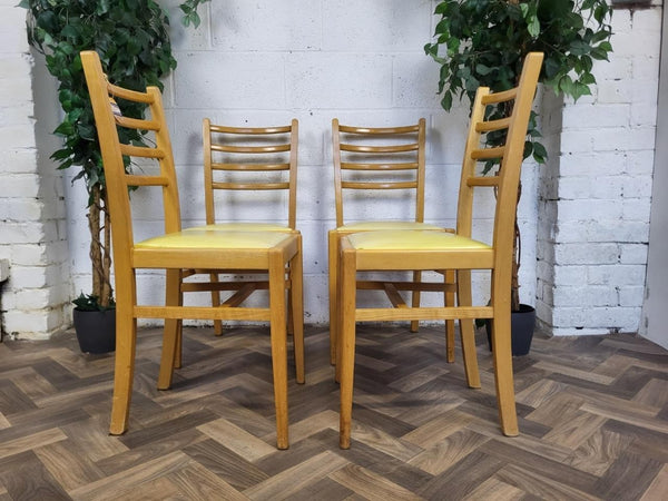 Set Of 4 Vintage Mid-Century Beech & Yellow Vinyl Dining Chairs Scandi Retro MCM