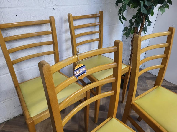 Set Of 4 Vintage Mid-Century Beech & Yellow Vinyl Dining Chairs Scandi Retro MCM