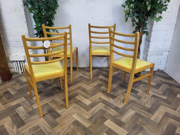 Set Of 4 Vintage Mid-Century Beech & Yellow Vinyl Dining Chairs Scandi Retro MCM