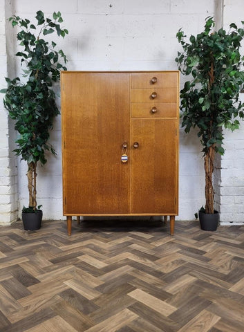 Vintage Mid-Century Meredew Gentlemans Wardrobe Tallboy Blonde Oak Retro MCM
