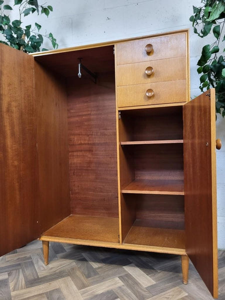 Vintage Mid-Century Meredew Gentlemans Wardrobe Tallboy Blonde Oak Retro MCM