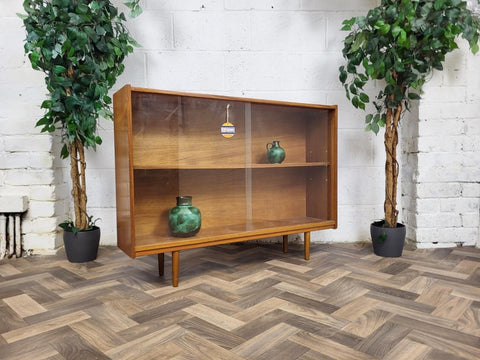 Vintage Mid-Century Slim Teak & Glass Bookcase Scandi Retro MCM