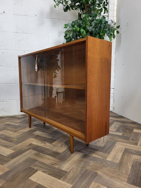 Vintage Mid-Century Slim Teak & Glass Bookcase Scandi Retro MCM