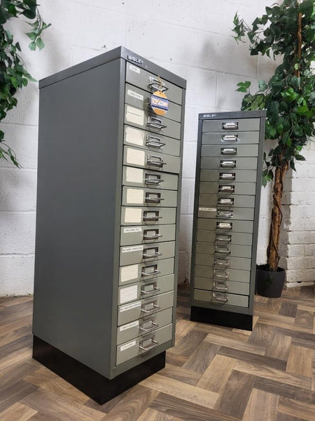 Pair Of Vintage Bisley Grey Metal 15 Drawer Filing Cabinets Industrial