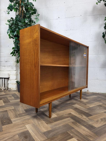 Vintage Mid-Century Slim Teak & Glass Bookcase Scandi Retro MCM