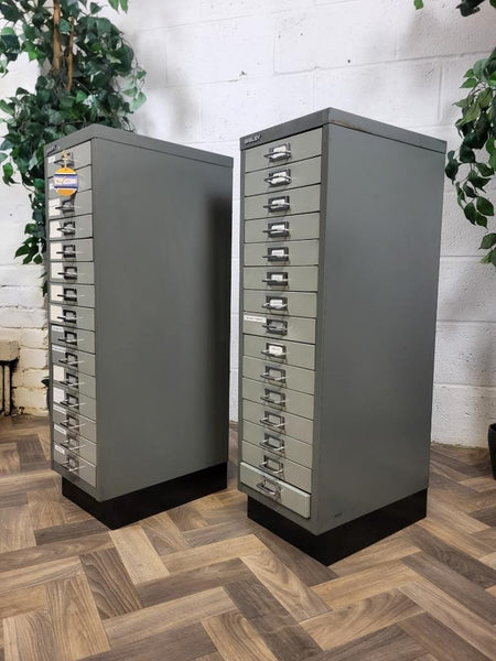 Pair Of Vintage Bisley Grey Metal 15 Drawer Filing Cabinets Industrial
