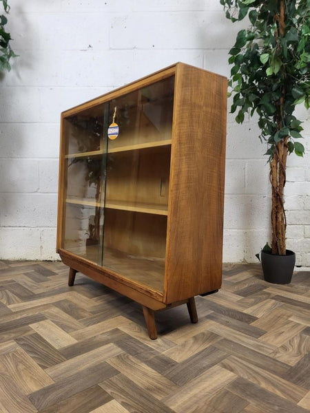 Vintage Mid-Century Avalon Yatton Small Walnut & Glass Bookcase Scandi Retro MCM
