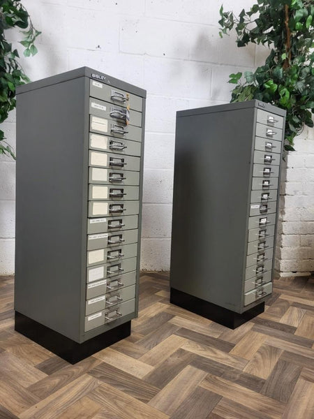 Pair Of Vintage Bisley Grey Metal 15 Drawer Filing Cabinets Industrial