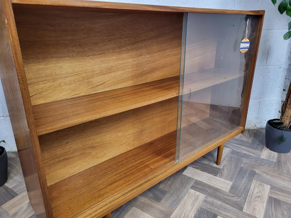 Vintage Mid-Century Slim Teak & Glass Bookcase Scandi Retro MCM