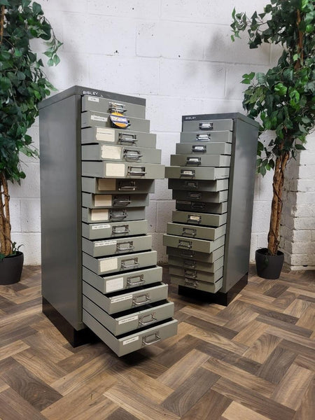 Pair Of Vintage Bisley Grey Metal 15 Drawer Filing Cabinets Industrial