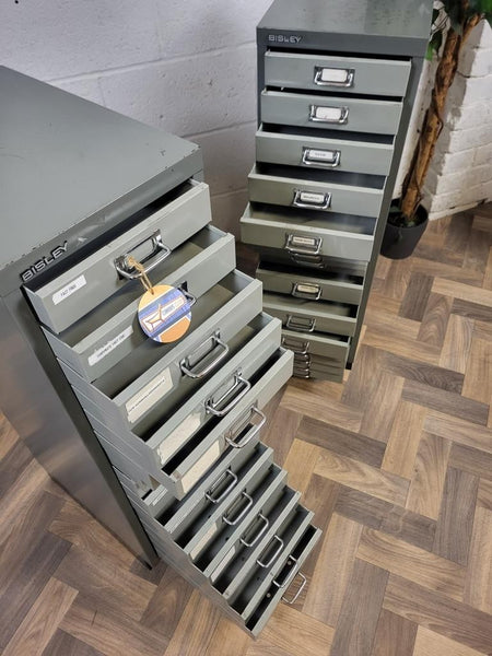 Pair Of Vintage Bisley Grey Metal 15 Drawer Filing Cabinets Industrial