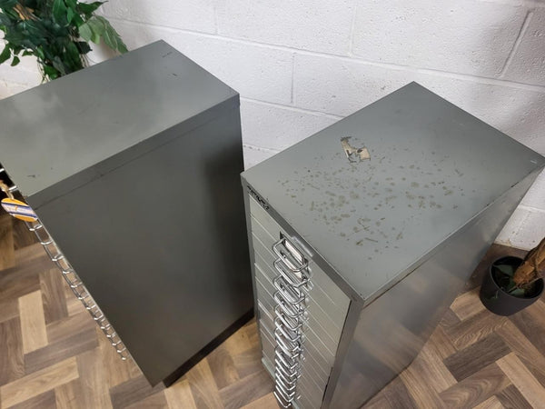 Pair Of Vintage Bisley Grey Metal 15 Drawer Filing Cabinets Industrial