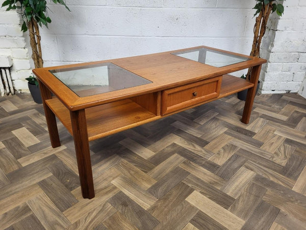 Vintage Mid-Century G Plan Teak & Glass Long Coffee Table With Drawer Danish MCM
