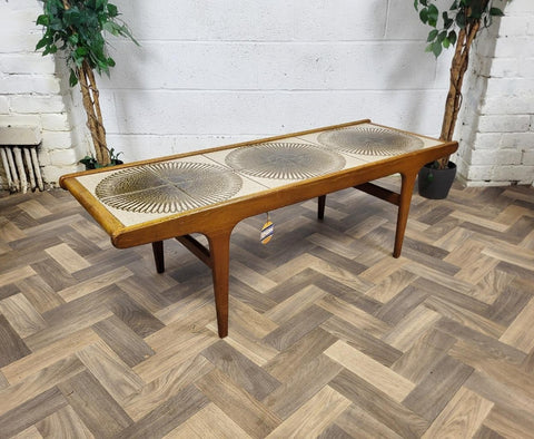 Vintage Mid-Century Teak & Tiled Long Coffee Table Danish Scandi Retro MCM