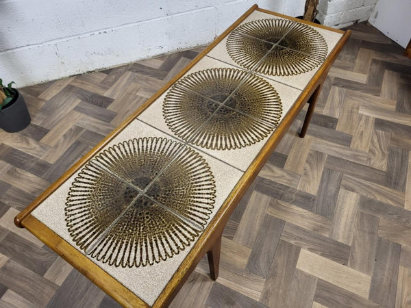 Vintage Mid-Century Teak & Tiled Long Coffee Table Danish Scandi Retro MCM